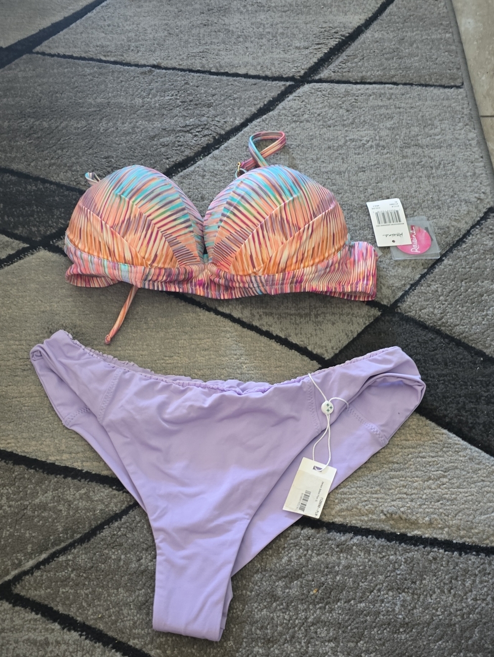 Frankie's Bikinis Multicolor Striped Ruched Top & Lavender Bikini Bottom